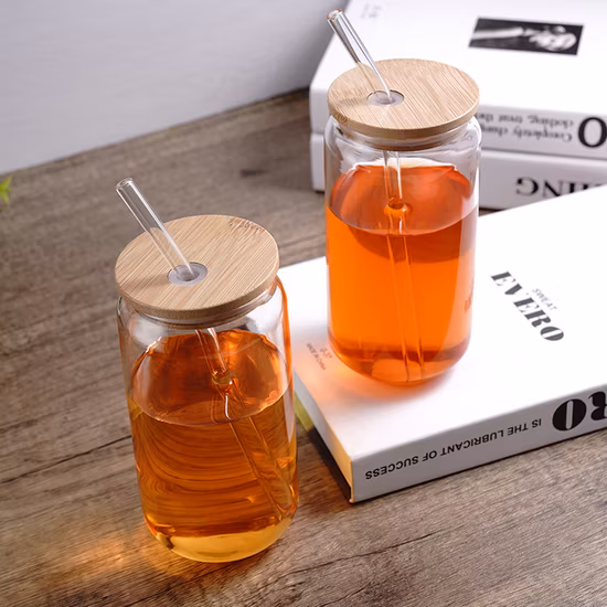 Wholesale Empty Clear 12oz 16oz Reusable Glass Cups with Wooden Lids and Straw