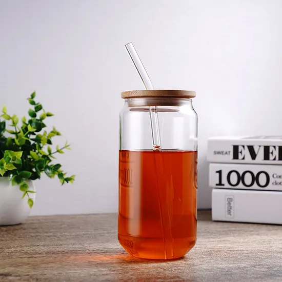Wholesale Empty Clear 12oz 16oz Reusable Glass Cups with Wooden Lids and Straw